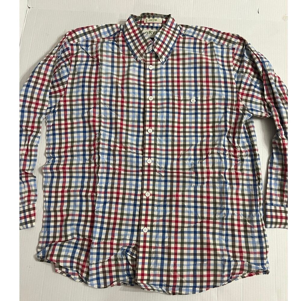 Orvis Shirt Front Pocket Red White Blue Plaid Cotton Size Large Adult Mens